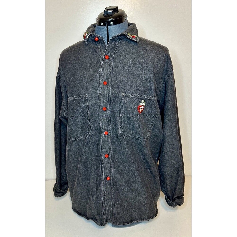 Vintage 90s Britittania Black Denim Shirt W Floral Heart Embroidery Size M